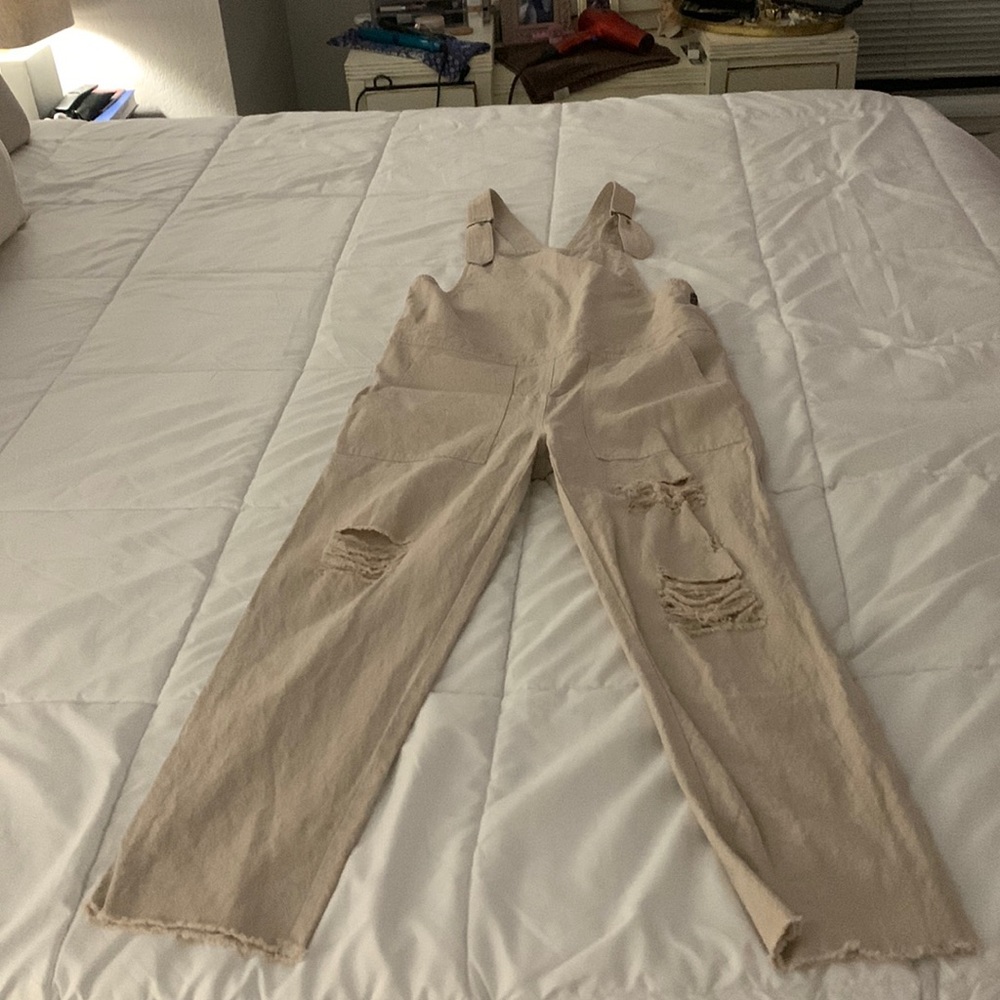 Skylar + Madison Distressed Overalls, Size Small, Beige/Tan